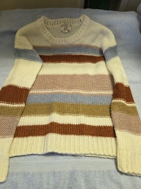 Hippie Rose Cream Sweater with Rust, Mustard, Pastel Pink & Light Blue Stripes